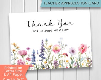 Teacher Appreciation Card, Printable Pressed Flowers Card for Teacher, Teacher Thank You Card, Printable, Digital, Instant Download