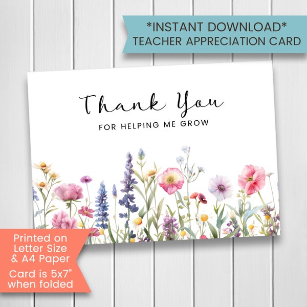 Teacher Appreciation Card, Printable Pressed Flowers Card for Teacher, Wildflower Teacher Thank You Card for Coach, Printable, Digital