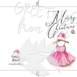 May include: A printable Christmas card featuring a ballerina wearing a pink tutu and a Santa hat. The card says "Greetings from Home" and "Merry Christmas Home".