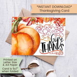 Cartão de Ação de Graças para Imprimir para a Família, Cartão de Feliz Ação de Graças para Amigos, Cartão de Ação de Graças, Cartão de Abóbora, Aquarela, Digital, Download