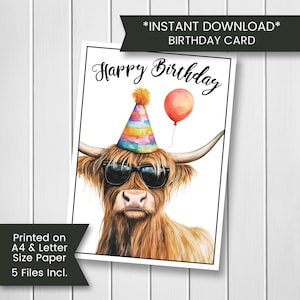 Highland Kuh Geburtstagskarte für Freund, druckbare Rinder Geburtstagskarte für Mädchen, Party Kuh Karte für Kinder, Scottish COO Geburtstagskarte, Digital