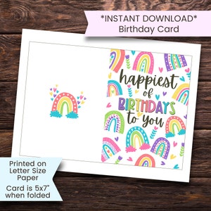 Rainbow Card, Printable Rainbow Birthday Card, Boho Rainbow Birthday Card, Quick Birthday Card for Girl, Instant Download, Digital, Download