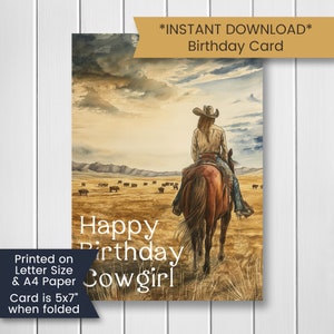 Biglietto di auguri di compleanno stampabile per figlia con cowgirl, biglietto di auguri per mamma, biglietto di auguri di compleanno con cavallo per ragazza, biglietto di auguri di compleanno per amante dei cavalli, digitale