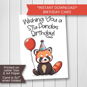Carte d'anniversaire panda roux pour ami, carte d'anniversaire panda roux drôle imprimable, carte ballon rouge pour anniversaire d'enfant, pour fille, pour garçon, numérique