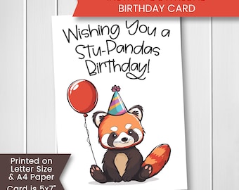 Tarjeta de cumpleaños imprimible de panda para amigos, tarjeta de cumpleaños con panda rojo, linda tarjeta para cumpleaños infantiles, para niños, descarga instantánea, digital