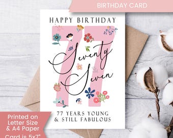 Printable Mom Birthday Card 77, Seventy-Seven Birthday Card for Grandmother, Digital Download