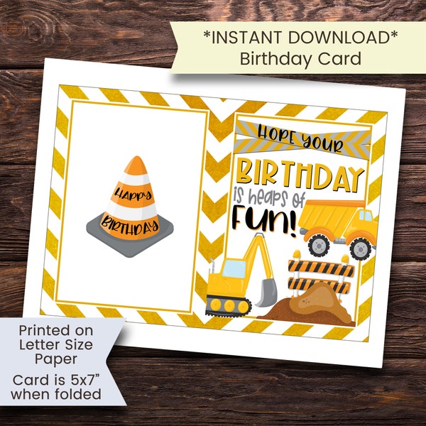 Construction Birthday Card Printable, Printable Construction Birthday Card, Excavator Digger Birthday Card for Son, Instant Download