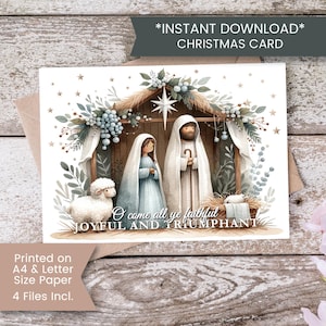 Carte de Noël imprimable Nativité, carte de Noël chrétienne, carte de Noël religieuse, Oh viens, laissez-nous l'adorer, instantané, téléchargement numérique