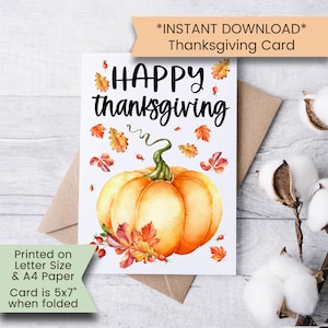 Cartão de ação de graças para impressão, cartão de feliz dia de ação de graças, cartão de ação de graças, cartão de abóbora, aquarela, para impressão, digital, download
