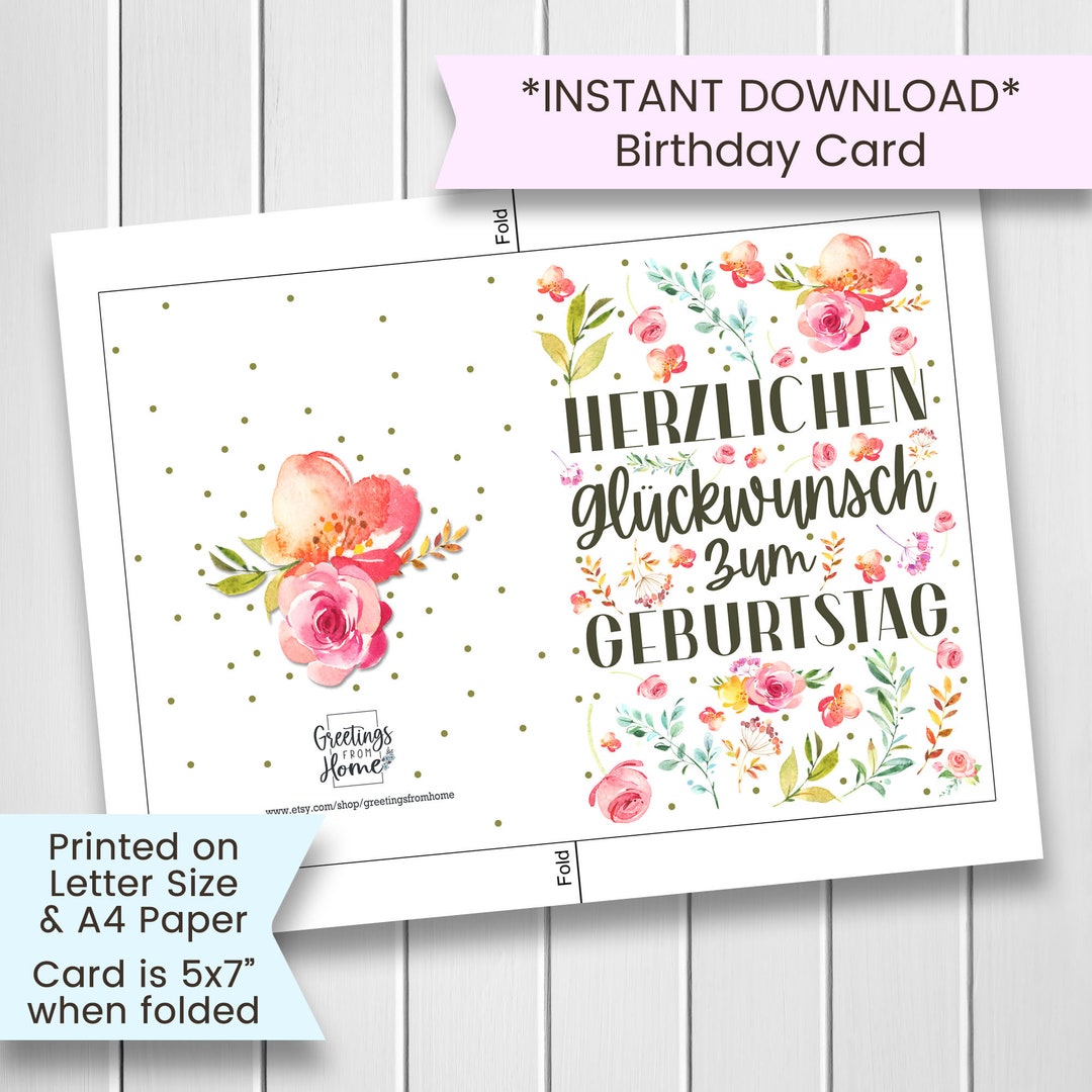 Printable German Birthday Card for Mom, for Grandma, for Sister, Floral ...