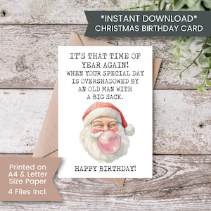 Grappige kerstverjaardagskaart voor collega, afdrukbare grappige kerstmankaart voor vriend, verjaardagskaart december, instant, digitale download