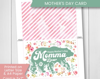 Carte imprimable de fête des mères, carte de jour de maman d'ours de Cottagecore, carte de fleurs pressées pour maman, première carte de fête des mères, imprimable, numérique