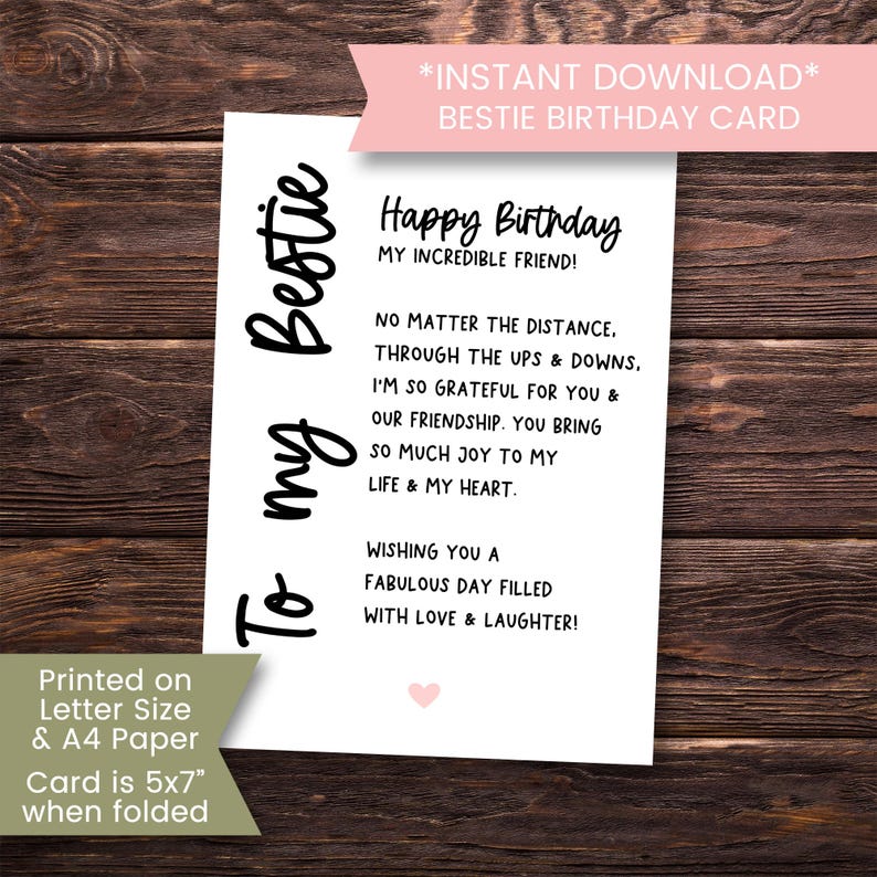 Printable Bestie Birthday Card, Birthday Card for Best Friend, Birthday ...