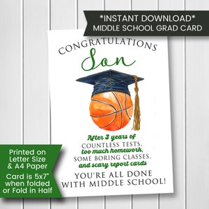 Printable 8th Grade Graduation Card for Son, Middle School Grad Card for Basketball Lover, Congratulations Graduate, Digital Download
