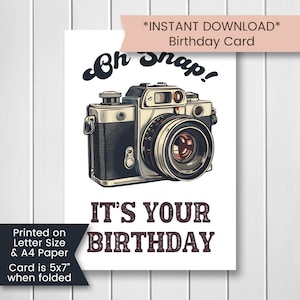 Carte d'anniversaire appareil photo rétro, Oh Snap carte d'anniversaire pour photographe, carte d'anniversaire imprimable appareil photo, carte imprimable, téléchargement numérique