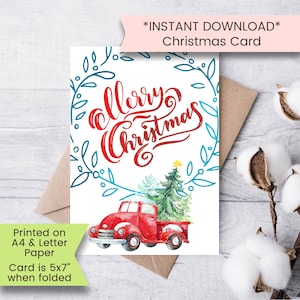 Printable Christmas Card, Merry Christmas Card, Red Truck Christmas Card, Vintage Red Truck, Merry Christmas, Instant Download, Digital