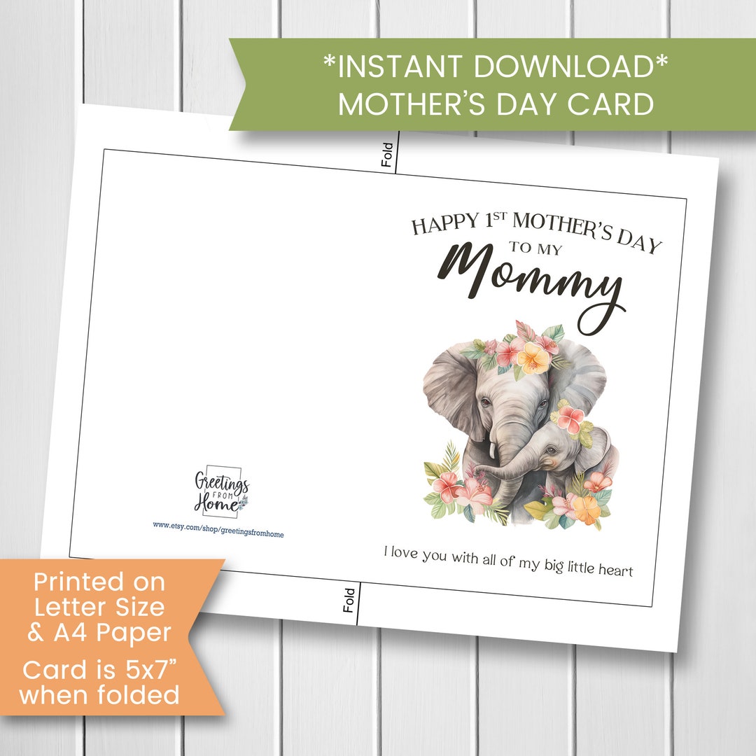 Baby Elephant First Mother's Day Card Printable, 1st Mother's Day Card ...