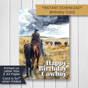 Carte d'anniversaire imprimable cowboy pour papa, carte cowboy pour lui, carte d'anniversaire cheval pour fils, anniversaire country western, téléchargement numérique