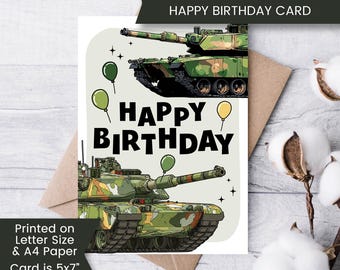 Printable Tank Birthday Card for Him, Army Birthday Card For Teenager, For Boy, Card for Son, Instant Download, Digital Card
