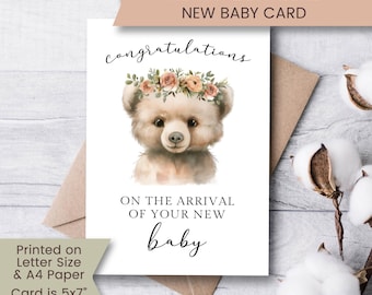 Printable New Baby Card for Baby Shower, Congratulations on your New Baby Card, Welcome Baby Card, Bear Floral Digital Download
