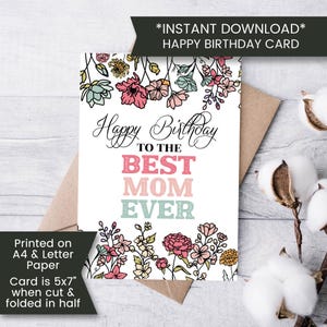 Tarjeta de cumpleaños con flores silvestres para mamá, imprimible, tarjeta de cumpleaños con flores prensadas para mamá, tarjeta floral, tarjeta boho, descarga digital instantánea