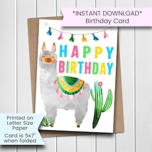 Carte d'anniversaire de lama pour elle, carte d'anniversaire imprimable avec lama, carte d'anniversaire de lama mignonne pour fille, joyeux anniversaire, alpaga, téléchargement numérique