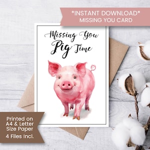 Afdrukbare Missing You-kaart voor varkensliefhebber, Thinking of You-kaart Varkenskaart voor vriend, varken Missing You-kaart, Knorretje, digitaal, Instant Download
