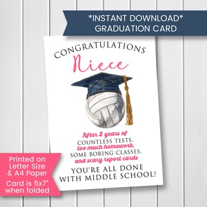 Afdrukbare 8e leerjaar afstudeerkaart voor nichtje, middelbare school afstudeerkaart voor volleyballiefhebber, gefeliciteerd afgestudeerd, digitale download