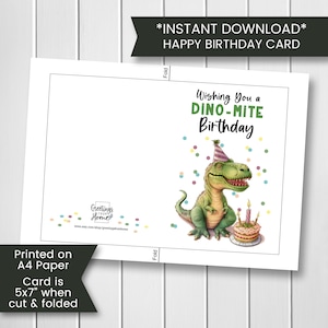 K&ouml;nnte beinhalten: Druckbare Dinosaurier-Geburtstagskarte mit einem gr&uuml;nen Dinosaurier, der einen Partyhut tr&auml;gt und einen Geburtstagskuchen mit Kerzen h&auml;lt. Die Karte lautet "Wishing You a Dino-Mite Birthday". Die Karte ist auf A4-Papier gedruckt und l&auml;sst sich auf 5x7 Zoll falten.