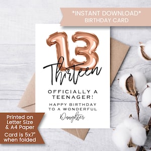 Carte d'anniversaire imprimable drôle 13e pour fille, officiellement une carte d'anniversaire d'adolescent, adolescent, treize ans, pour elle, instantanée, numérique