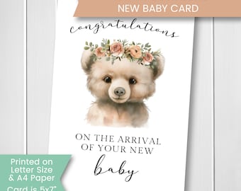Printable New Baby Bear Card, Congratulations on your New Baby Card, Baby Shower Card, Welcome Baby Card, Congratulations, Digital, Download
