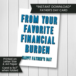 Tarjeta imprimible del Día del Padre de su carga financiera favorita, Tarjeta divertida del Día del Padre de hijo, de hija, Descarga instantánea, Digital