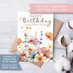 Carte d'anniversaire imprimable fleurs sauvages pour meilleur ami, fleurs pressées carte d'anniversaire pour bestie, personne préférée, Cottagecore, numérique, instantanée
