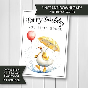 Silly Goose verjaardagskaart voor vriend, afdrukbare gans verjaardagskaart voor meisje, grappige eend kaart voor kind, eend verjaardagskaart, digitale download
