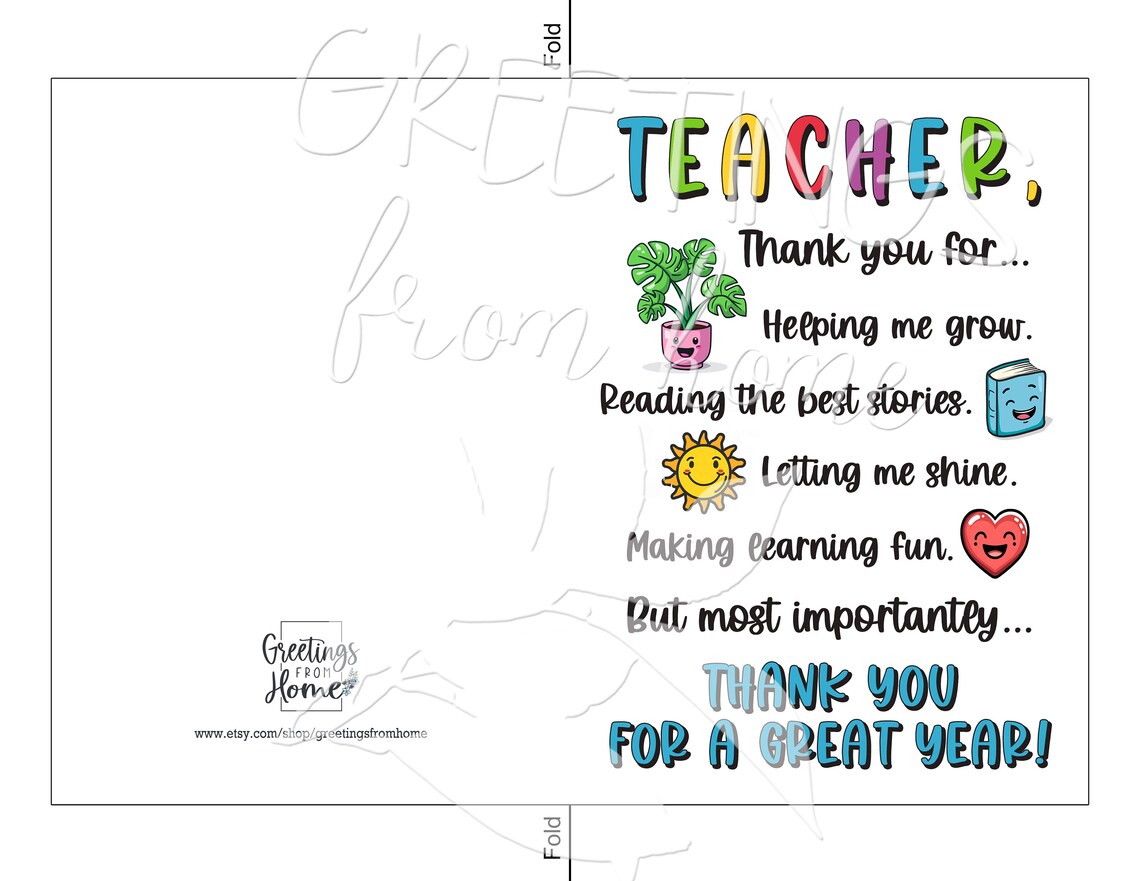 Printable Thank You Card for Teacher, Year End Teacher Card, Teacher ...