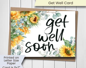 Printable Sunflower Get Well Card for Friend, Sunflower Get Well Card for Coworker, Get Well Soon Card for Her, Sunflower, Digital, Download