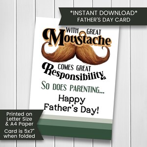 Mustache Father's Day Card for Dad Printable, Funny Father's Day Card from Son Handlebar Moustache Card, Father's Day Gift Digital Download
