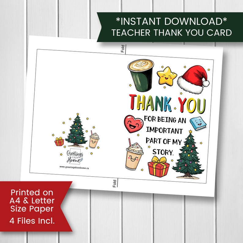 Printable Christmas Thank You Card for Teacher, Christmas Teacher Card