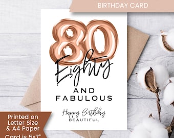 Printable 80th Birthday Card for Grandmother, Grandma, Eighty and Fabulous Birthday Card for Mom, for Mother, Digital Download