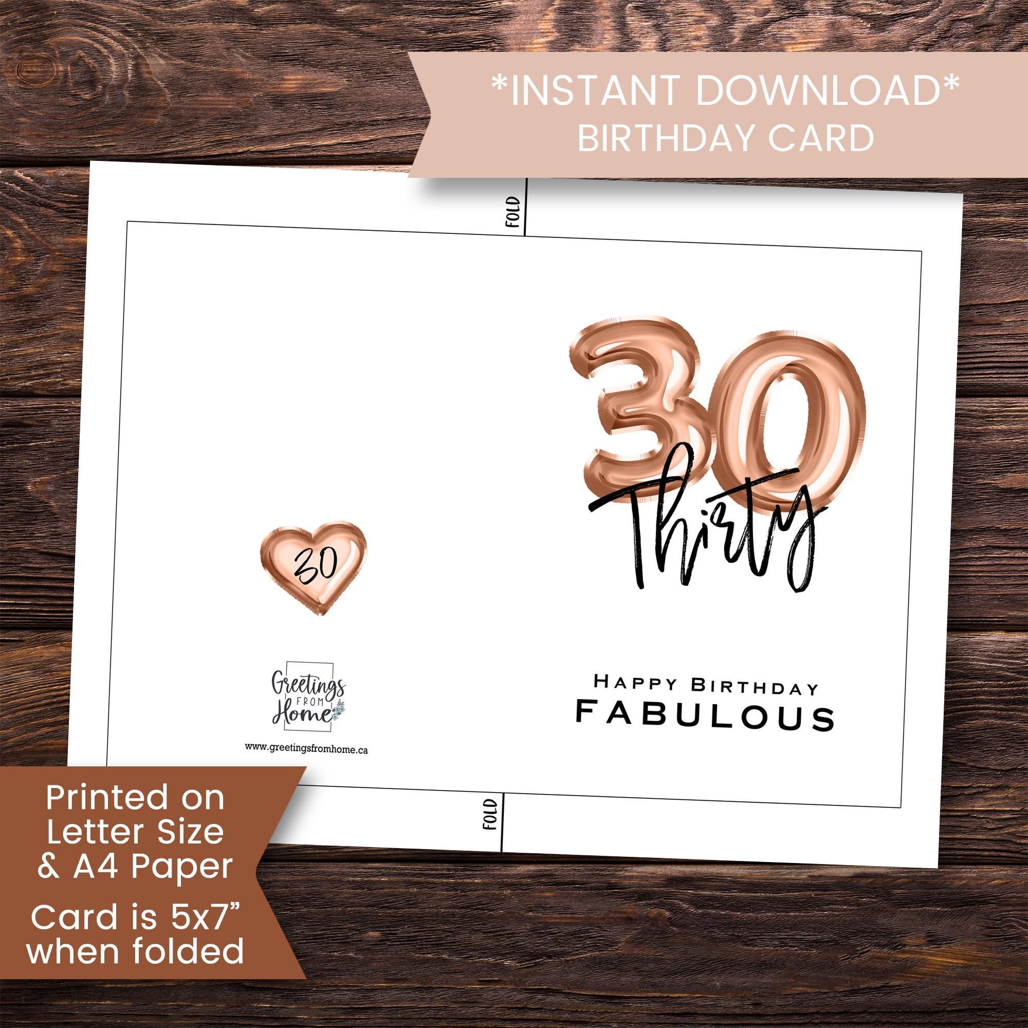 Printable 30th Birthday Card for Her, Fabulous and Thirty Birthday Card — free download