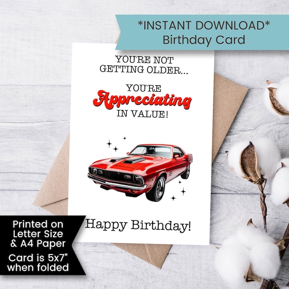 Carte D'anniversaire – Illustration D'une Voiture Rouge Vintage