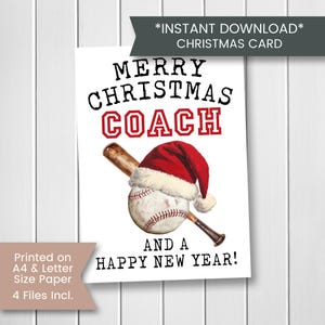 Biglietto di Natale di baseball per allenatore, biglietto di Natale stampabile per allenatore di baseball, grazie per l'allenatore di baseball, assistente allenatore, download digitale