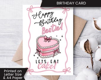 Printable Bow Birthday Card for Bestie, Coquette Birthday Card For Her, For Best Friend, Digital Download