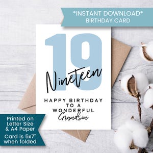 Imprimable carte d'anniversaire 19e pour petit-fils, dix-neuvième carte d'anniversaire pour petit-enfant, dix-neuf carte pour petit-fils, 19 ans, téléchargement numérique