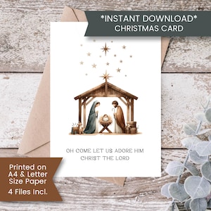 Cartão de Natal para Natividade para Imprimir, Cartão de Natal Cristão, Cartão de Natal Religioso, Oh Come Let Us Adore Him, Download Digital Instantâneo
