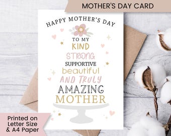 Utskrivbart mors dag-kort för mamma, akvarell mors dag-kort, blommigt gratulationskort, digital nedladdning
