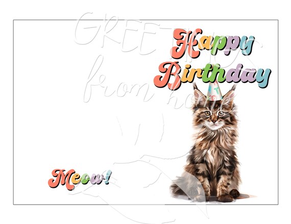 Black Smoke Maine Coon Kitten With Birthday Cake Blank Template
