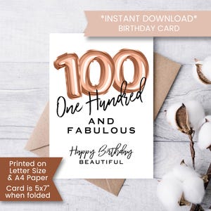 Tarjeta de cumpleaños número 100 para abuela, madre, imprimible, tarjeta de cumpleaños cien y fabulosa para amiga, hito número 100, instantánea, digital