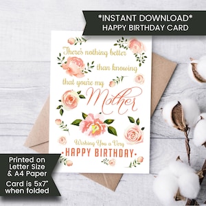 Cartão de aniversário para impressão para mãe do filho, estou tão feliz que você é minha mãe, cartão de aniversário para mãe da filha, aniversário da mãe, digital