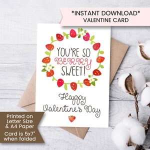 Carte de Saint-Valentin imprimable pour petite-fille, carte de Saint-Valentin aux fraises, carte de Saint-Valentin pour enfants, douce baies, téléchargement numérique instantané